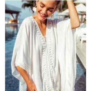 Bindya White Boho Cover Up Top One Size Caftan Lace Pom Poms Tassels Viscose